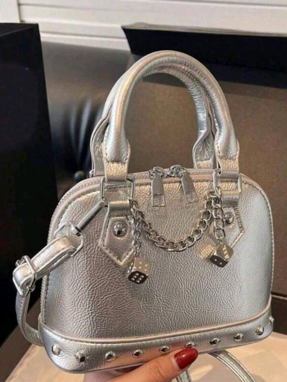 Silver Metallic Dome Satchel with Chain Accent